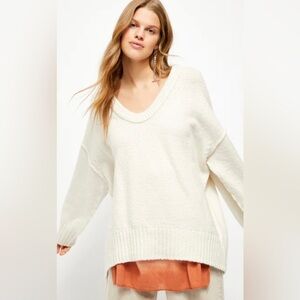 Free People Cream Oversized V-Neck Sweater